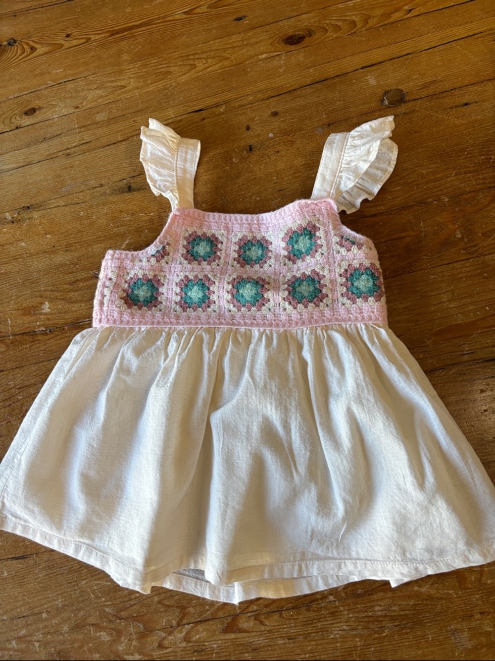 Haute Hippie Cream Top with Pink Crochet Bodice and Ruffle Straps.